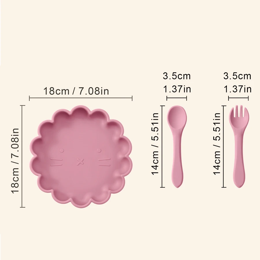 3pc Silikon Baby Dinner Set Cartoon Löwe Form Platte einfarbig Löffel Gabel Fütterung Training Baby Geschirr saugen Baby Geschirr