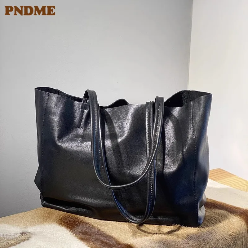 PNDME casual luxury soft genuine leather women\'s black tote bag weekend shopping real cowhide female large-capacity shoulder bag