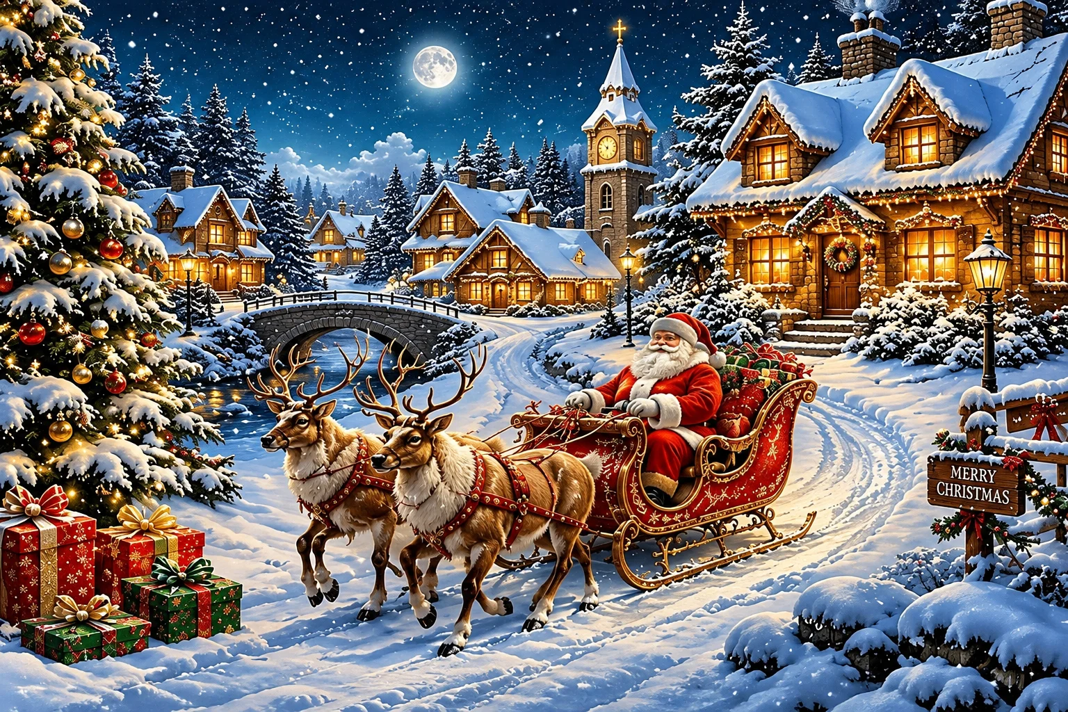 Santa Claus Christmas Backdrop Reindeer Sleigh Snowy Village Pine Trees Stone Bridge Winter Night Holiday Photography Background