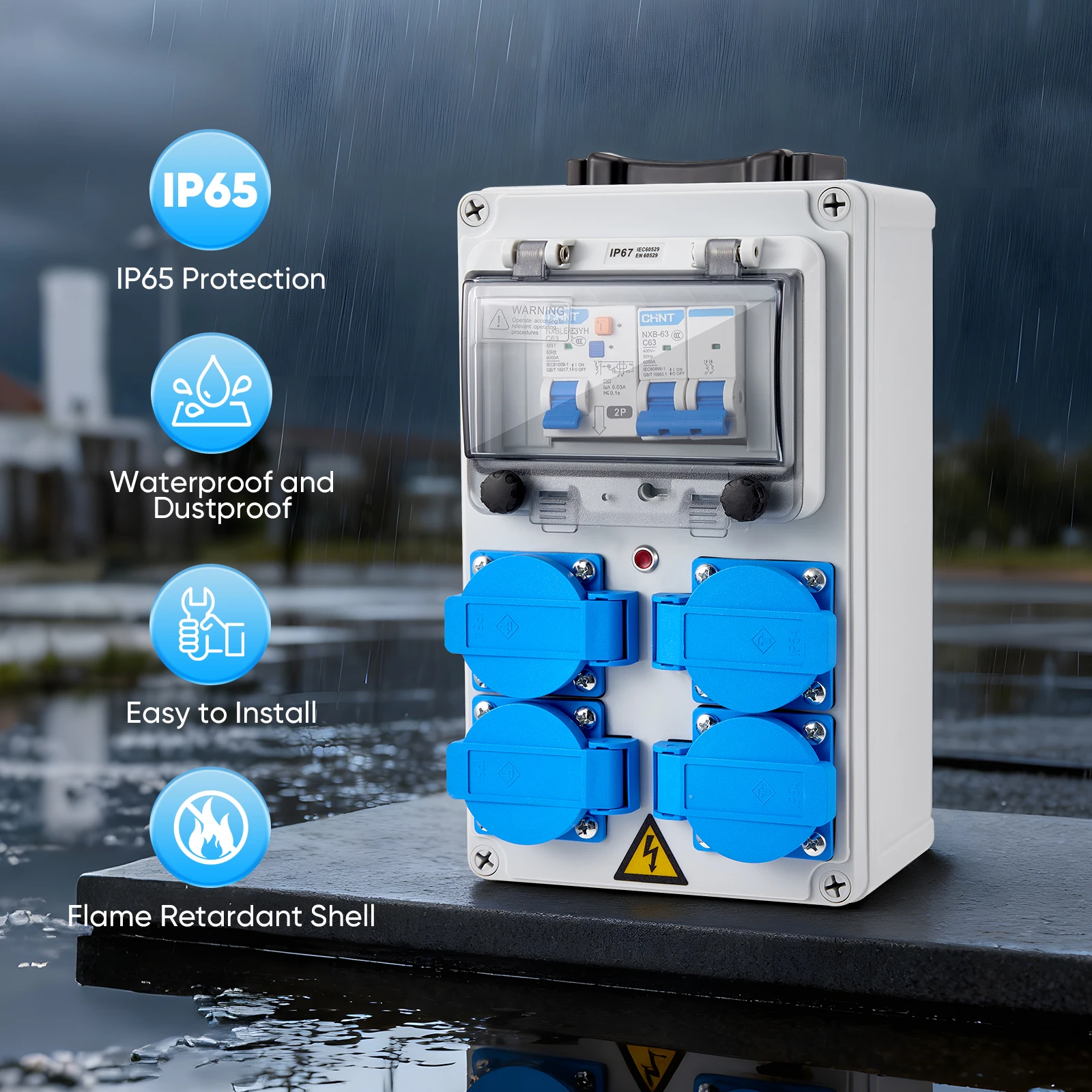 Stromverteilerkasten, vorverdrahtet, IP67, wasserdicht, staubdicht, Ausgang 220 V, Stromzähler, einfach zu installieren, für den Innen- und Außenbereich
