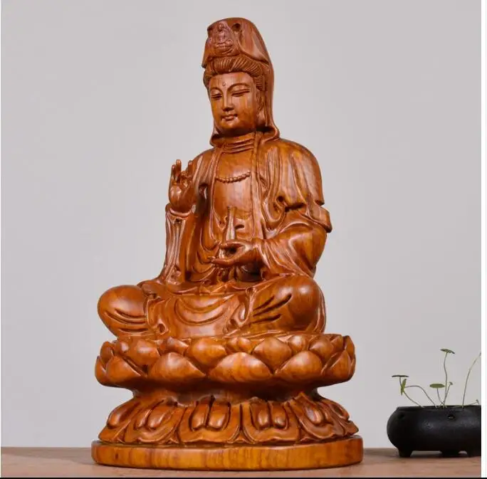 40CM Large --GOOD-HOME Temple Spiritual Bless family # Handmade Yellow pear wood carving Guanyin Buddha statue