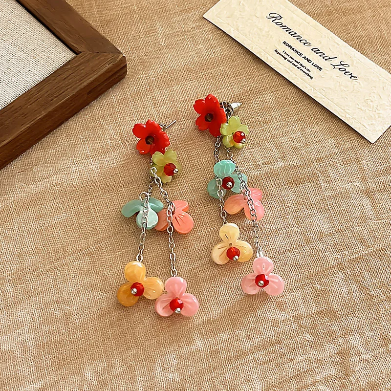 Colorful Resin Flower Petal Tassel Long Earrings Countryside Style Holiday Earrings Girls Women Fashion Jewelry