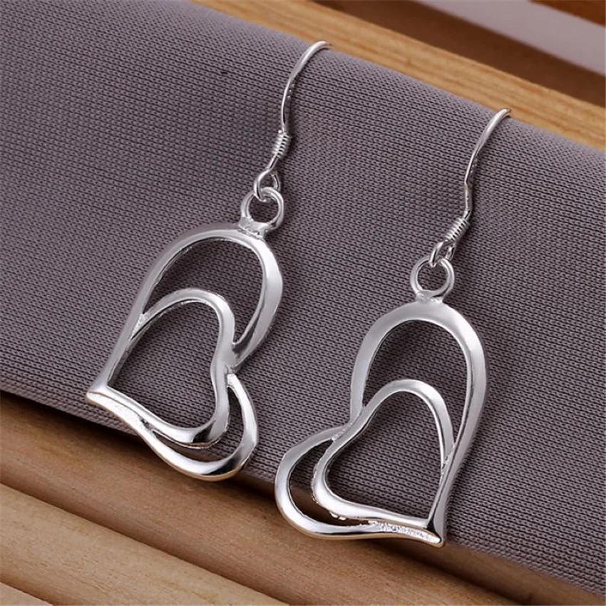 JewelryTop 925 Silver fine romantic Heart earrings stud necklace Jewelry set for women Fashion Party wedding girl Couples Gift