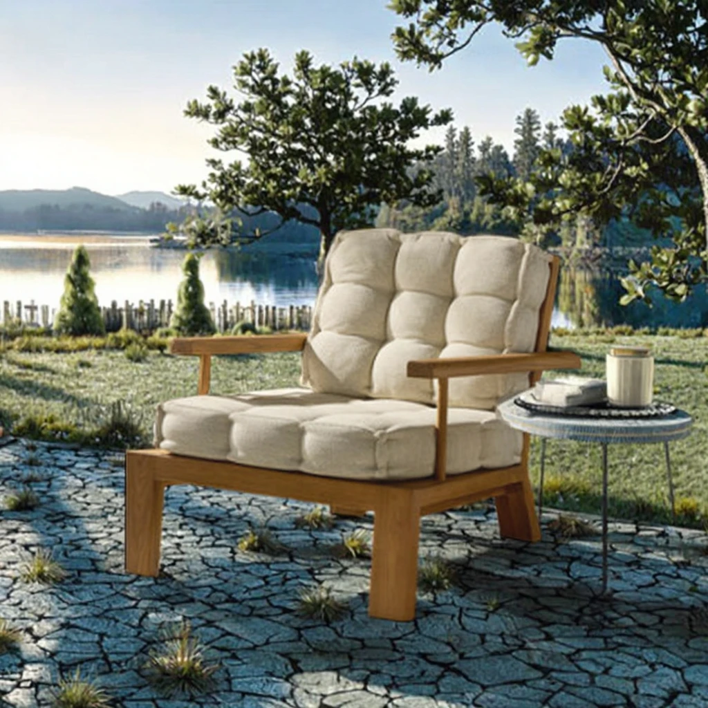 &Cushy Comfort All-Weather Garden Patio Outdoor Chair Wide Frame Teak Paddle Legs Slatted Back Tufted Sand Cushion Minimalist