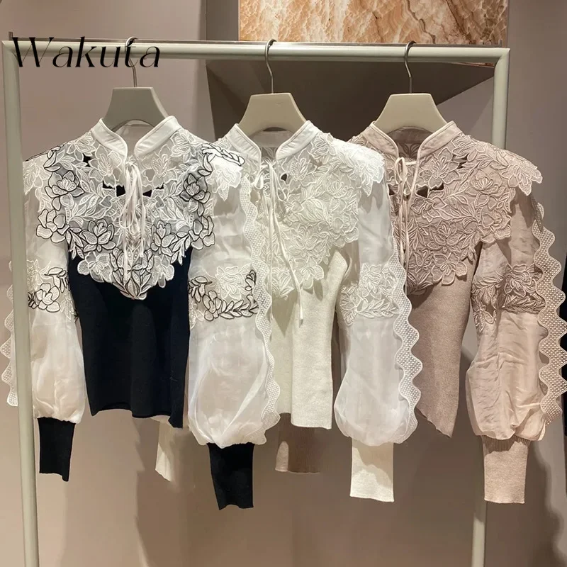 WAKUTA Japanese Retro Collar Lantern Sleeve Splicing Tanks Sweet Flowers Lace Tie Tops Fall Knitwear Кофта Женская Sueter Mujer