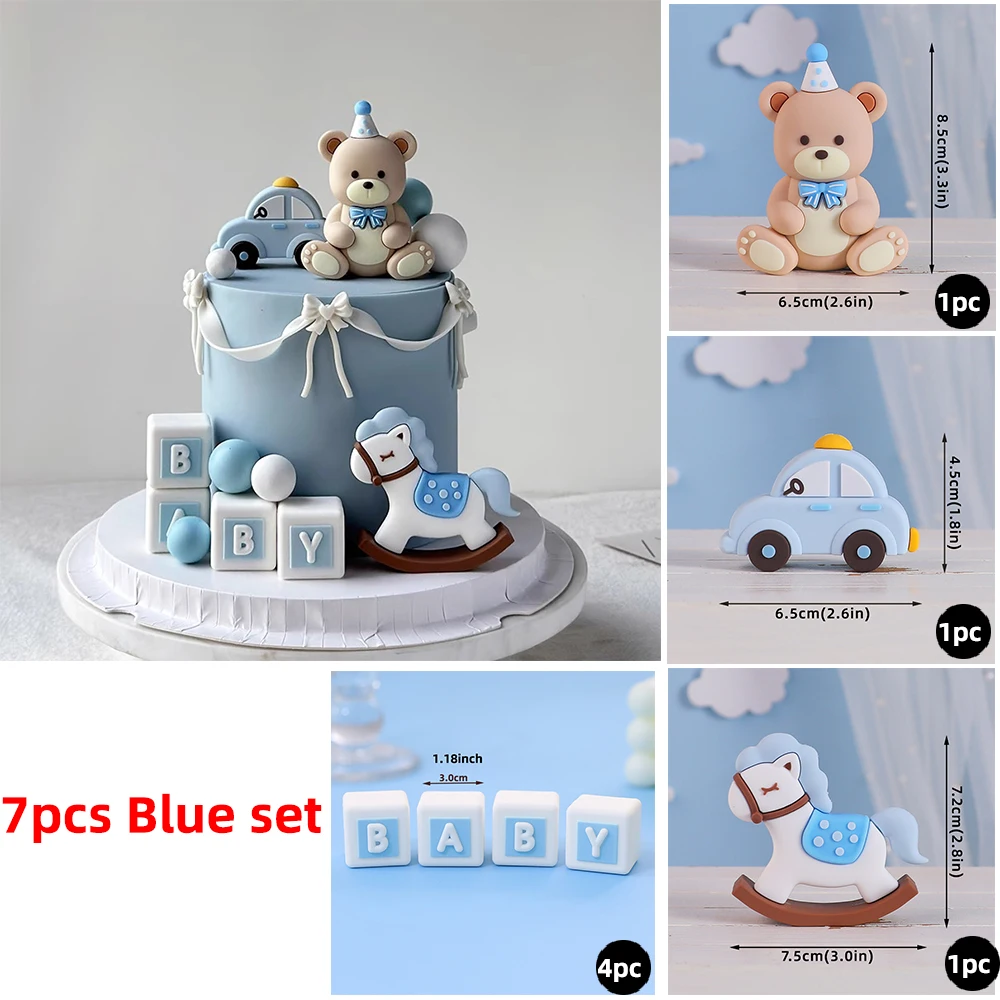Baby Building Blocks Car Trojan Horse Blue Pink Bear Cake Toppers For Boy Girl Baby Shower Birthday Party Cake Decor Set view 4