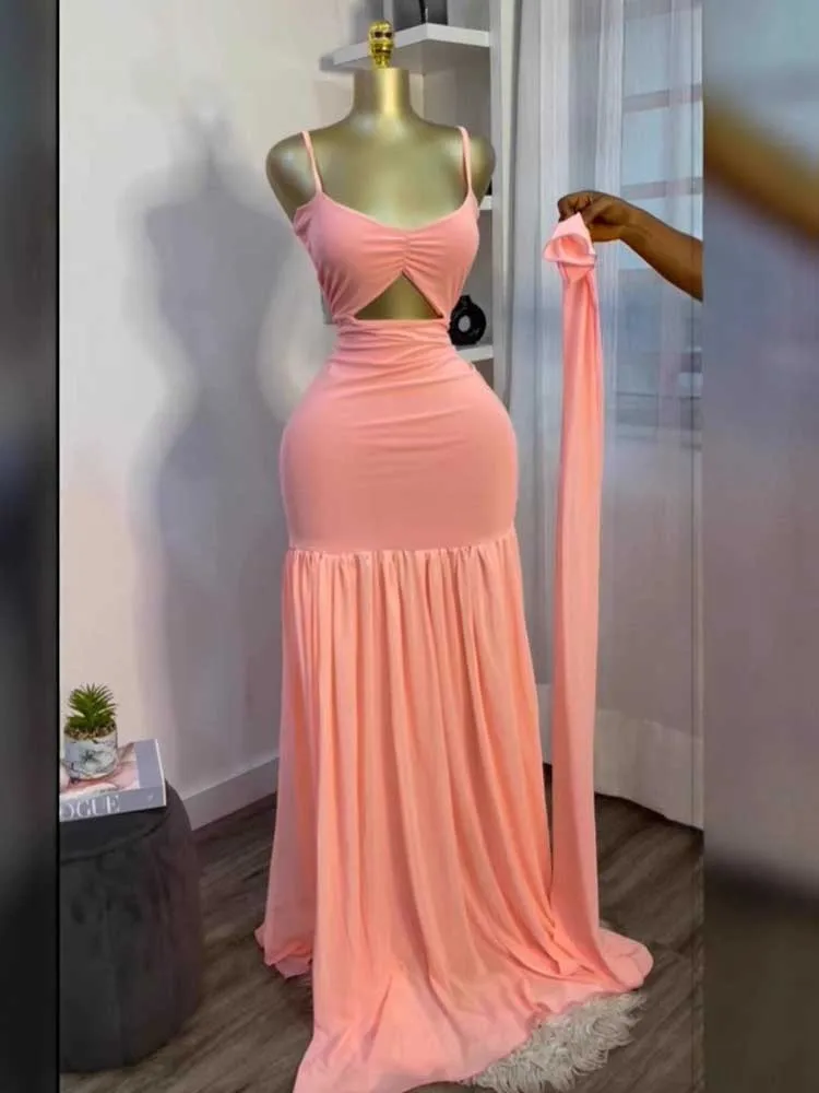 エレガントなピンクの女性用カットアウトウエストサマードレス、細ストラップセクシーイブニングロングノースリーブドレス