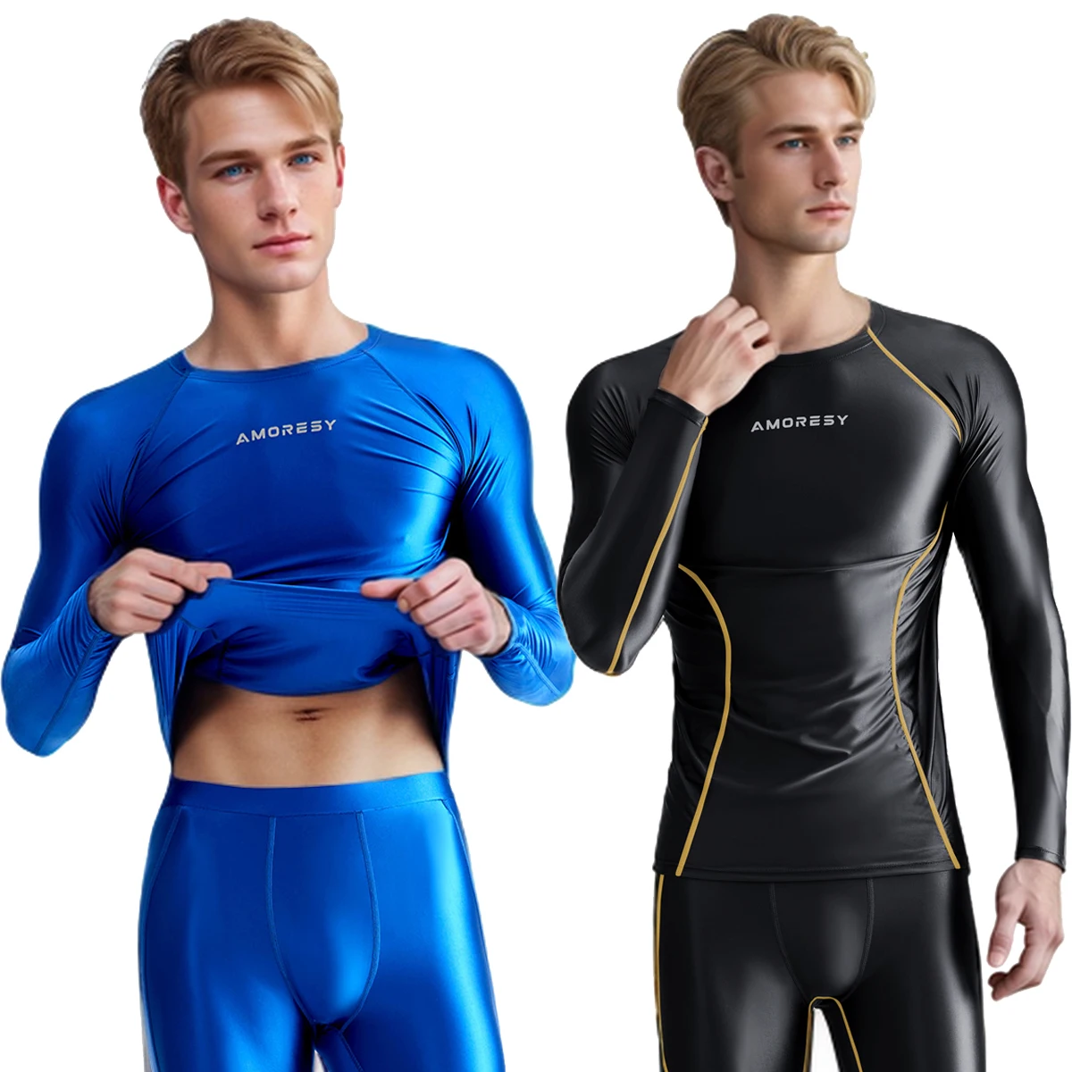 AMORESY Hyperion Series Men Glossy Satin O-neck Longsleeve Sport Fitness Tight T-shirt Sunscreen Breathable Running Cycling Tops