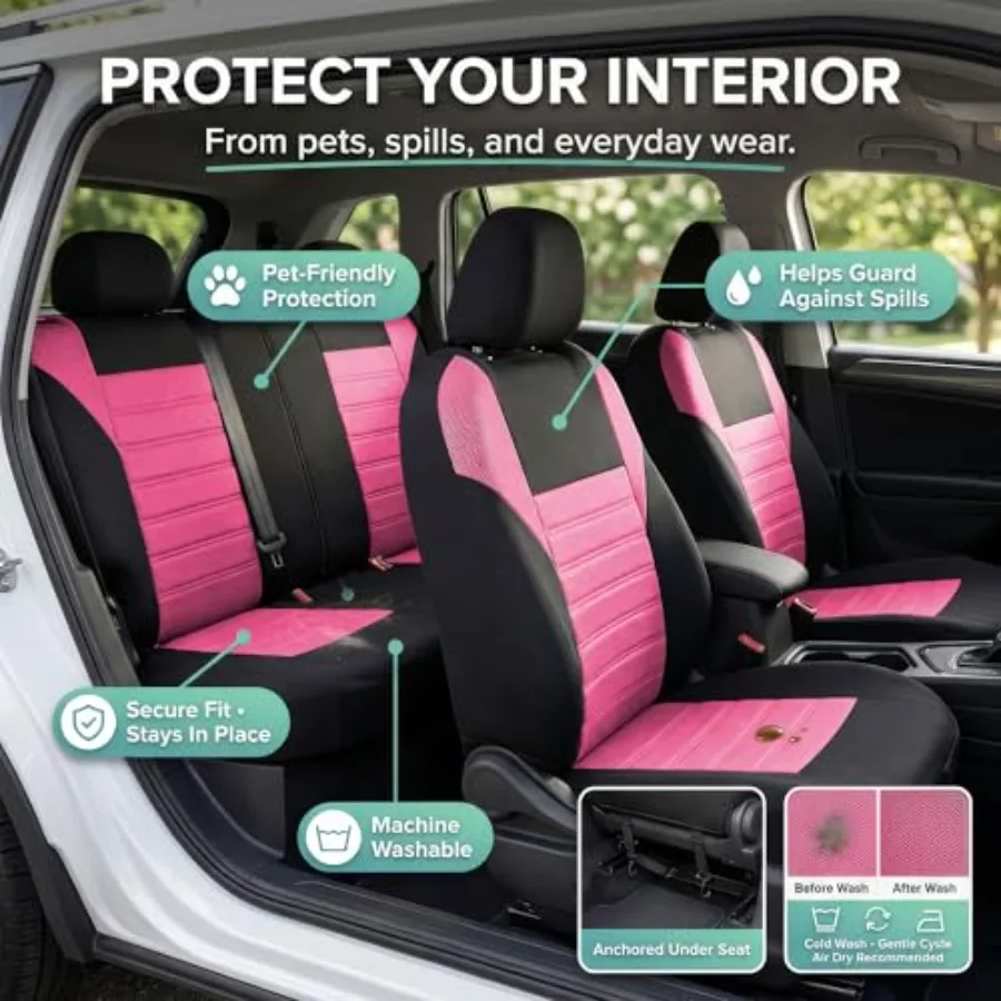 

Automotive Car Seat Covers Full Set Premium 3D Air Mesh Front Seat Covers, Airbag Compatible & Split Bench Cover Universal Fit Interior Accessories for Cars Trucks and SUVs - Pink