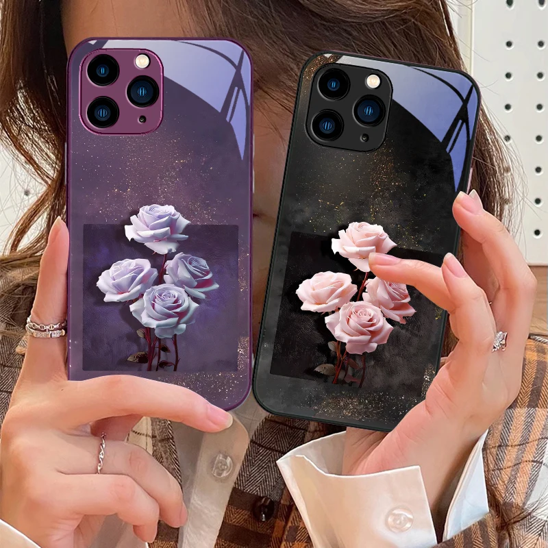 

Wine Gold Rose Red For IPhone 16 Pro Max 15 Pro 14 13 12 Mini 11 XS Max XR 7 8 Plu SE 2022 Tempered Glass Phone Case