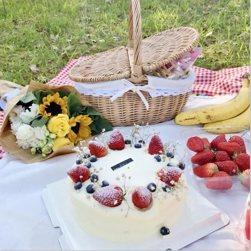 KX4B BBQ Photography Props ถุงเก็บของทอทำด้วยมือพร้อมฝาจับ
