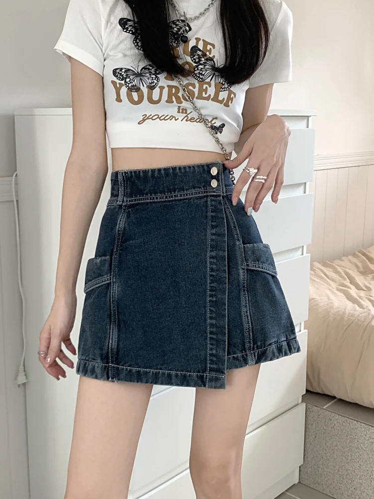 ارتفاع الخصر بالإضافة إلى حجم الدنيم orts المرأة غير المتكافئة ألف خط تنورة تصميم مستقيم الساق واسعة الساق السراويل تنورة