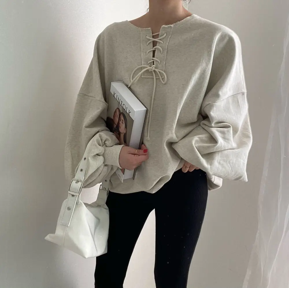 Loose Fit Long Sve round Ne Hoodie Women's Korean Sle Commute Wind Lantern Sve Sweatirt Autumn Season Faion Casual