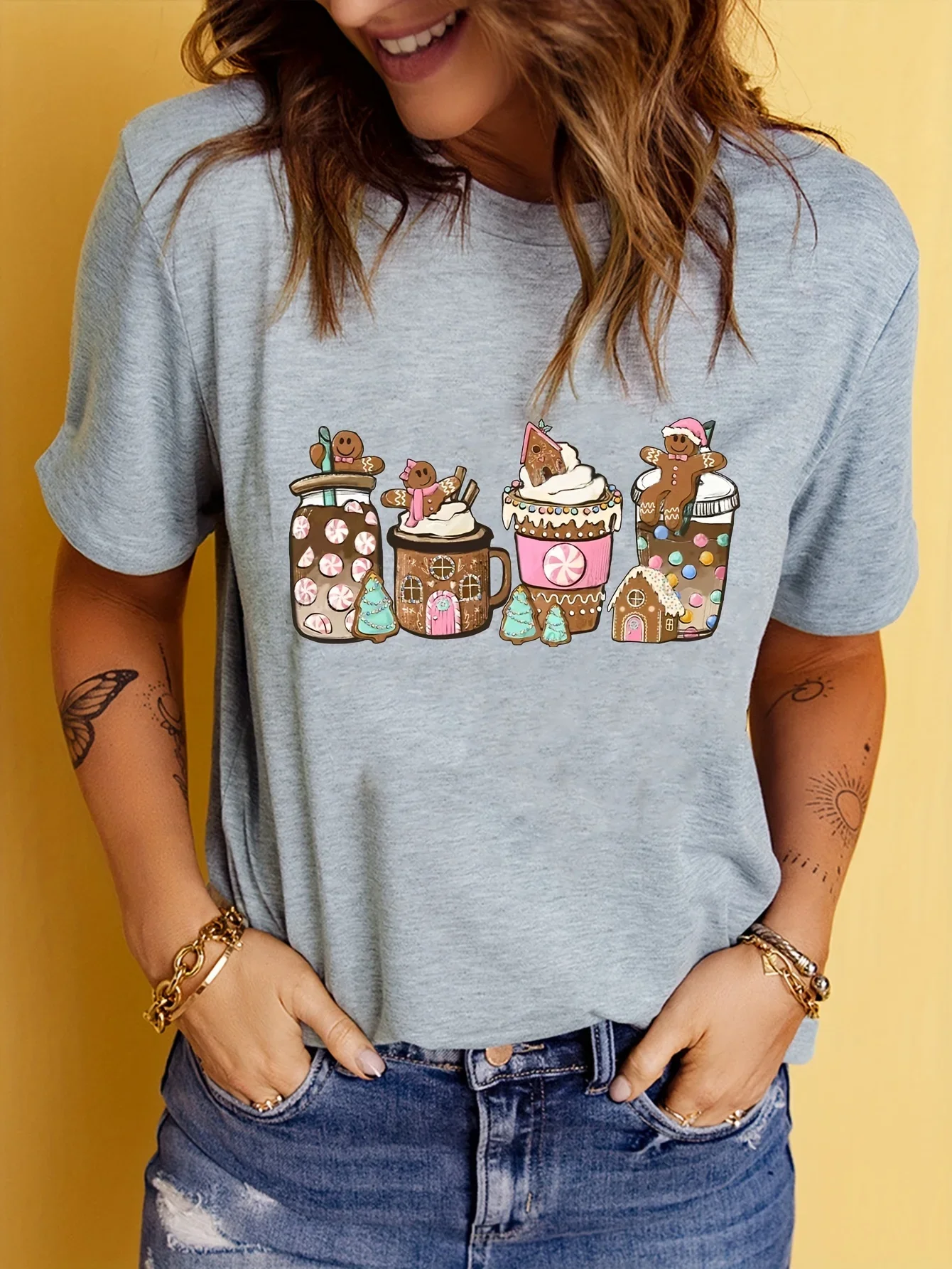 Christmas Coffee Print T-shirt Casual Crew Neck Short Sleeve Top Women\'s Clothing Kawaii Clothes for Women