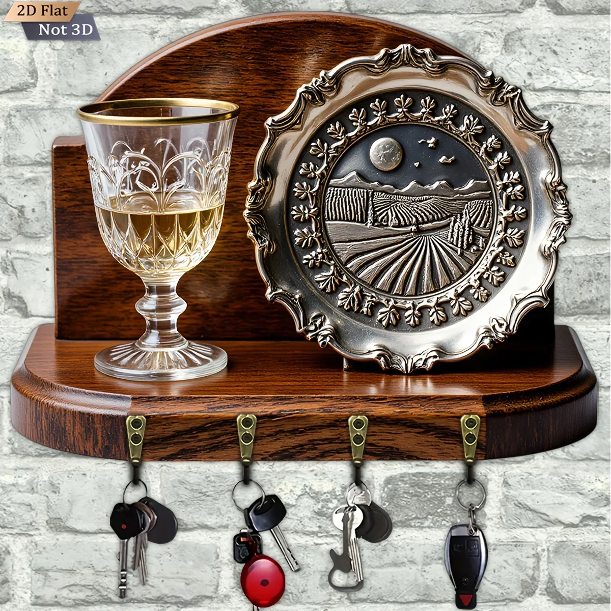 2D Flat, 1pc, Retro Wooden Silvery - Edged Key Hook, Wooden Multi - Functional Home Key Rack, with Four Metal Hooks, Wall