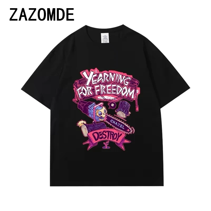 ZAZOMDE 2024 Men's New Summer Cottom Harajuku Fashion Y2K Print Loose Short Sleeve High Street Round Neck Hip Hop Casual Top