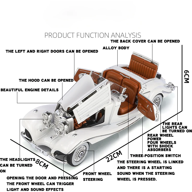 1:24 Mercedes Benz 500K Classic Car Alloy Diecast Model Retro Classic Car Collect Fine Ornament Present for Friends Kids Toys