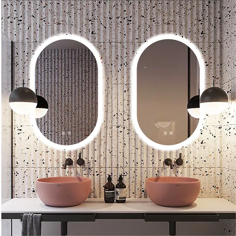 50x80cm Smart Oval Makeup Bathroom Mirror High Quality Refection Three Color LED Vanity Mirror With Anti-fog Brightness Dimmer