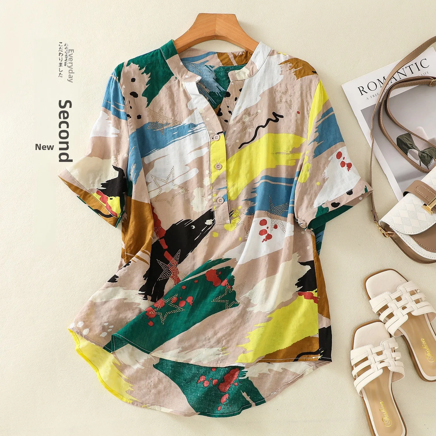 

Повседневная стильная рубашка из смесового хлопка и льна с принтом, с коротким рукавом, в стиле граффити, простого кроя, элегантный женский летний топ