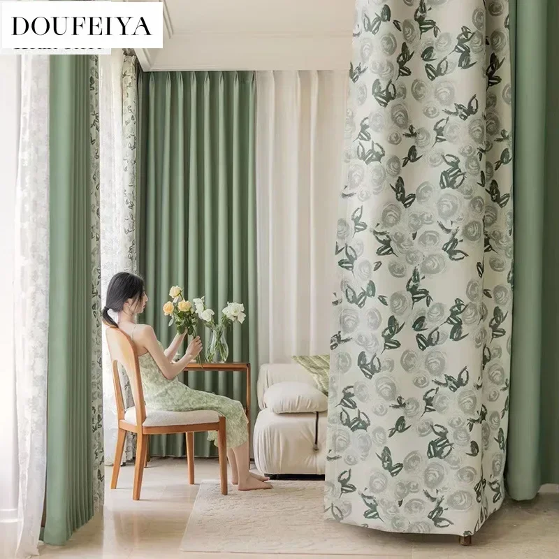 

Curtains for Living Dining Room Bedroom French Retro Homestay Fresh Rose Flower Cloth Ins Solid Color Stitching Custom Size