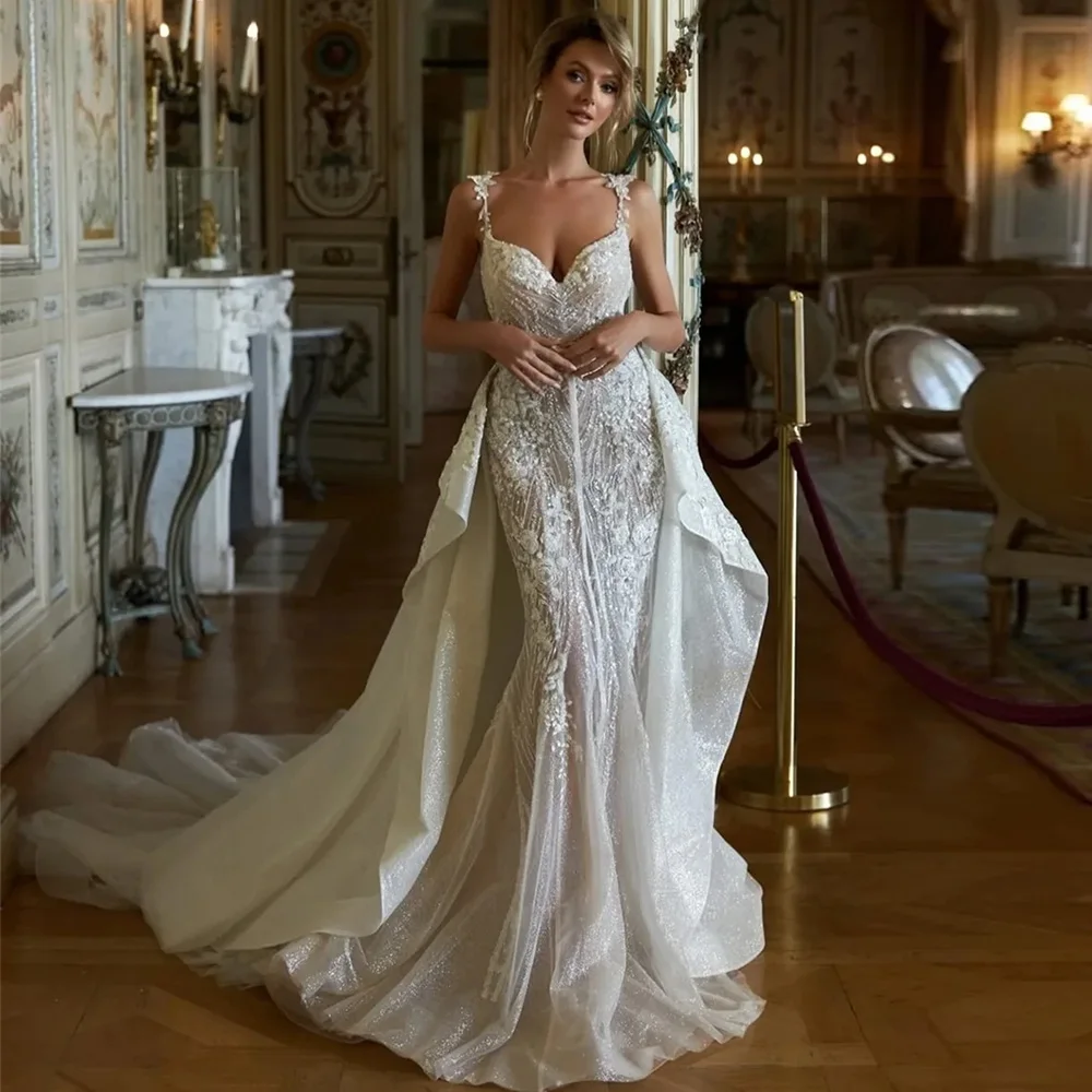 Sparkly Organza Mermaid Wedding Dress Sexy Sweetheart Spaghetti Straps Bridal Gowns Customized Handmade Flowers Vestido De Novia