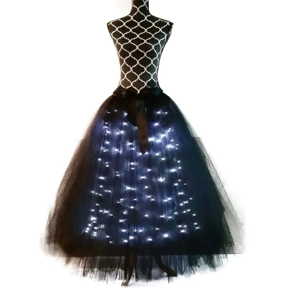 LED Luminous Women Tulle Skirt Party Tutu Sexy Black Gray Long Belly Dance Bar Wedding Festival Halloween