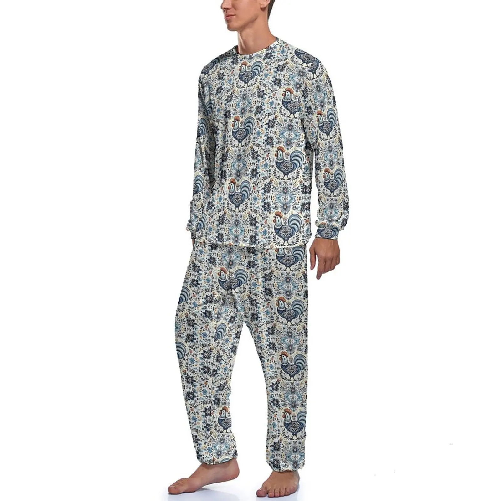 Folk Art Chickens Pajamas Flower Hen Floral Male Long-Sleeve Pajama Sets 2 Piece Casual Autumn Design Home Suit Birthday Present