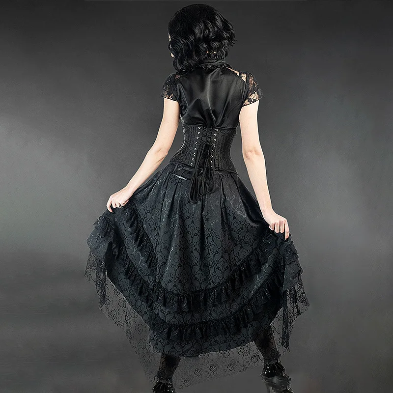 2026 New Retro Women Harajuku Black Print Skirt Lace Patchwork Gothic Streetwear Lace Patchwork Jupe Y2k Aesthetic Grunge Faldas