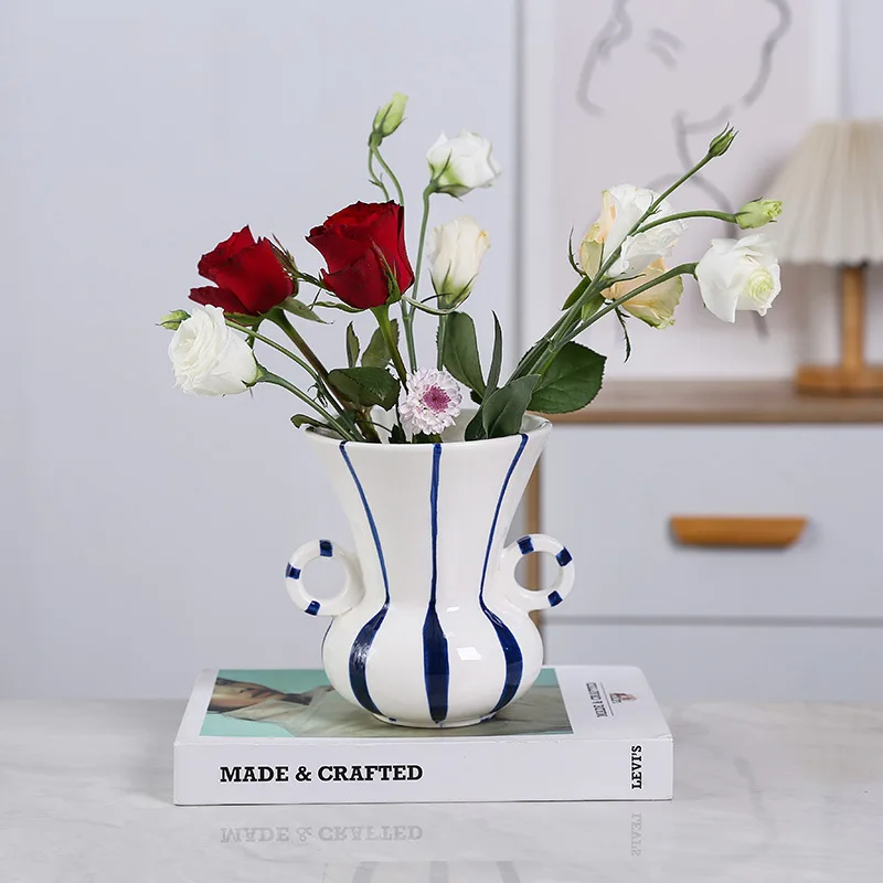 European Striped Ceramic Amphora Vase Hydroponic Flower Arrangement Container Living Room Dining Table Floral Decor Gift