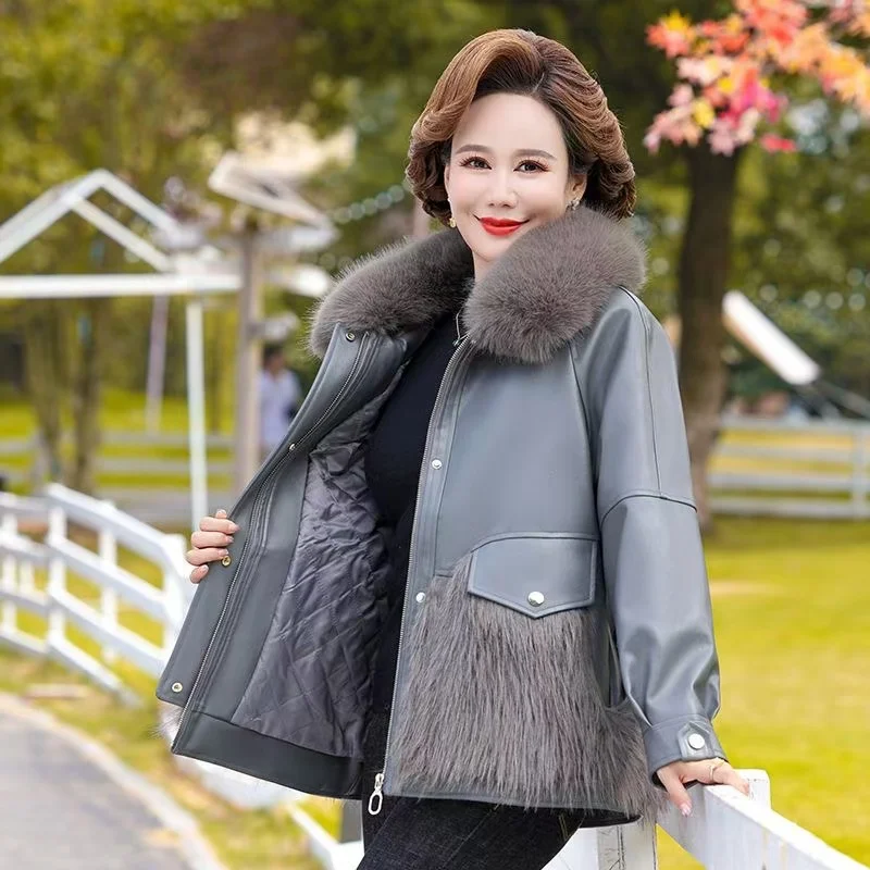 Middle-Aged Mother's Winter Overwear Cotton-Padded Jacket Mink Fur Outwear Fur Collar Leather Women's Warm Cotton Padded Coat