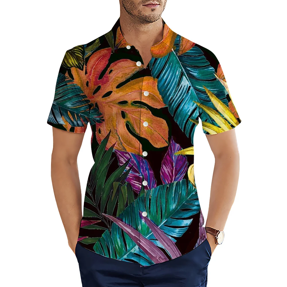 

HX Fashion Men's Shirts Hawaiian Polynesia Colorful Leaves Printed Casual Shirt for Men Short Sleeve Graphics Beach Shirt