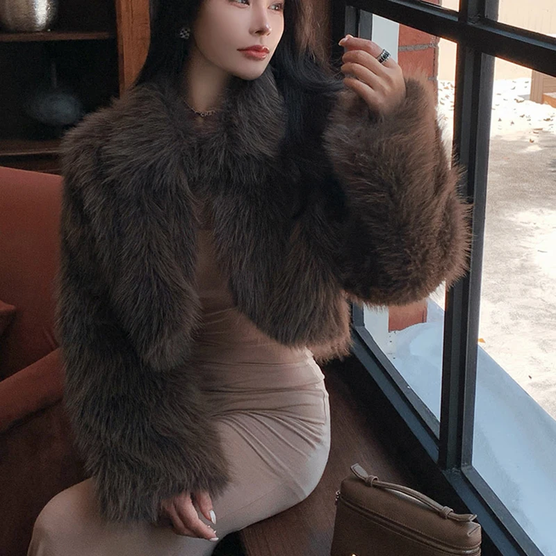 レディース フェイクファー クロップドコート 小香風 ヘアリーロングスリーブ 厚手 暖かいジャケット Y2K ストリートウェア ハーレム系 原宿系 秋冬トップス