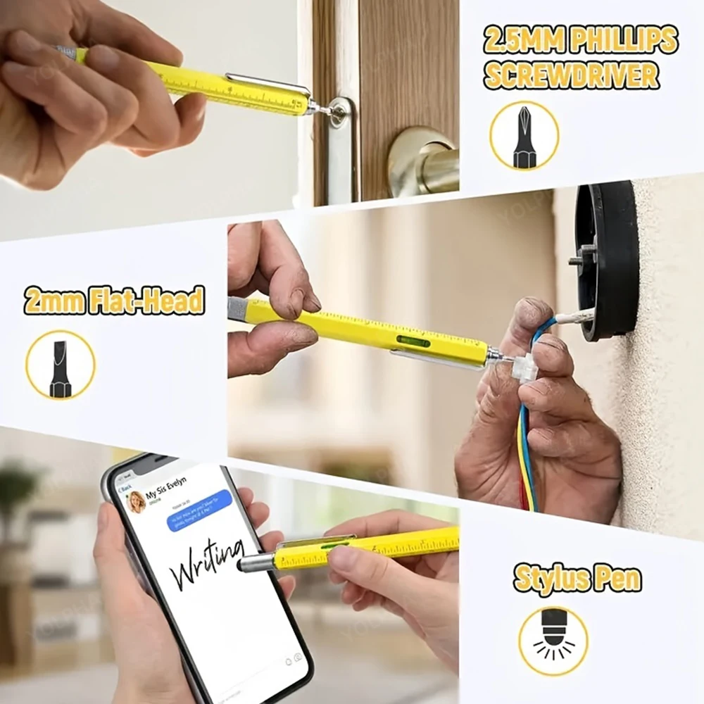 7 In 1 Multi-tool Metal Pen With Level Ruler Gadgets Engineer Woodworker Carpenter Pocket Tool With Stylus Ruler Screwdriver image 2