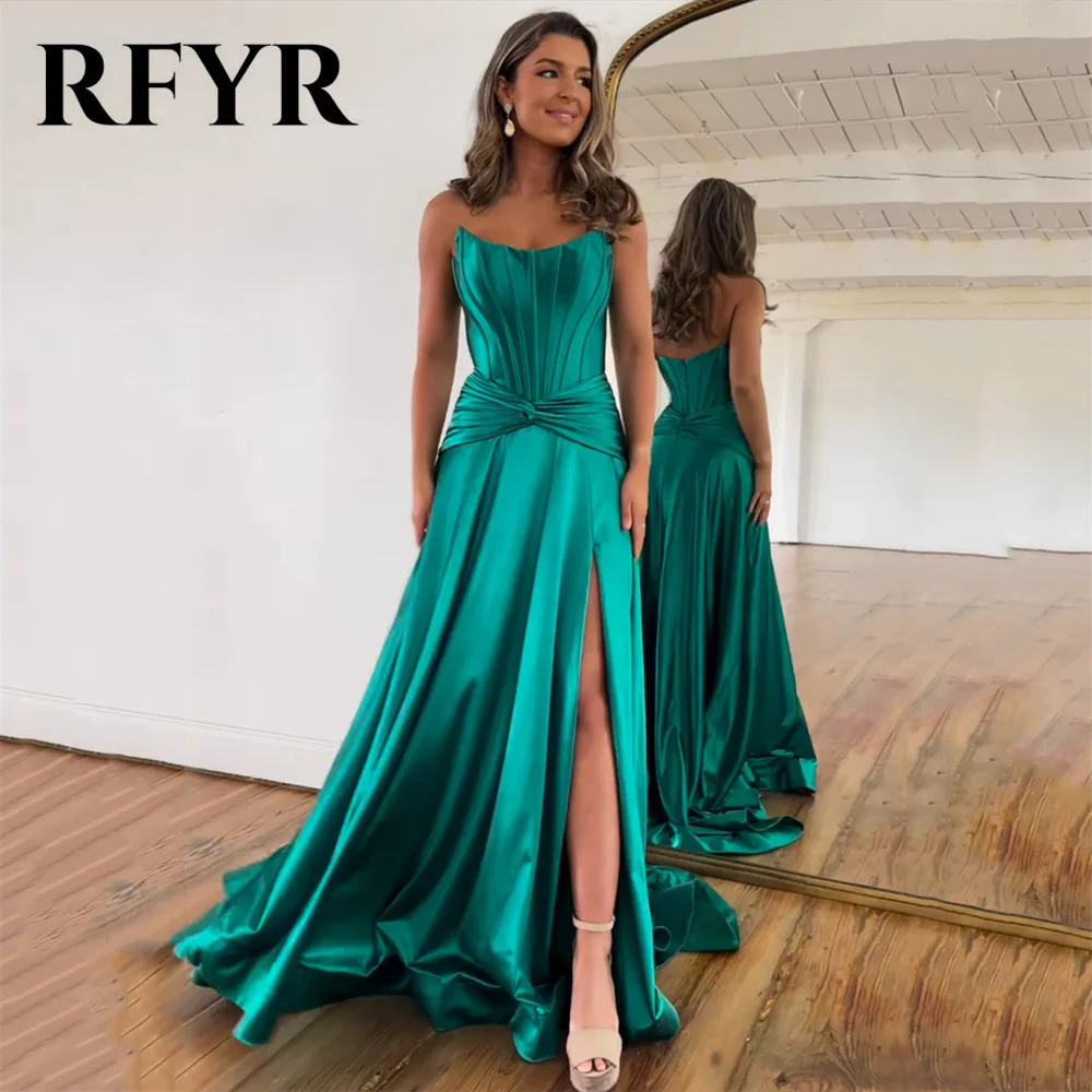 RFYR Turquoise Stain Beach Prom Dresses Side Split Party Dress Sleeveless Strapless Evening Dress Zipper Back vestidos de noche