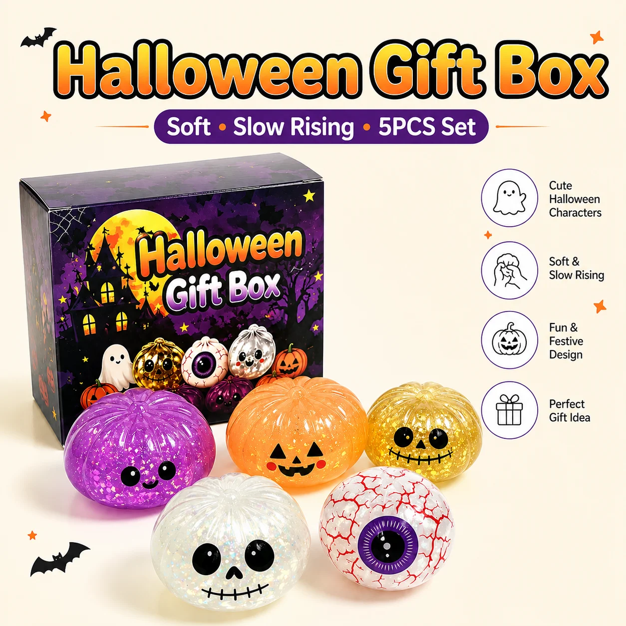 Realistic Halloween Bao Dumpling Squishy Toys 8.5cm 5pcs Collection Slow Rebound Squeeze Sensory Stress Relief Decor