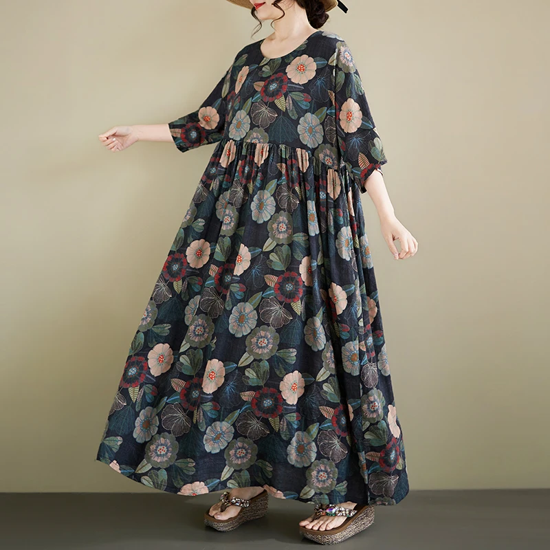 

n round Ne ort Sve Loose Floral Print Dr Women's mid Age Summer Ciwalk Cotton A-Line Dr 2026