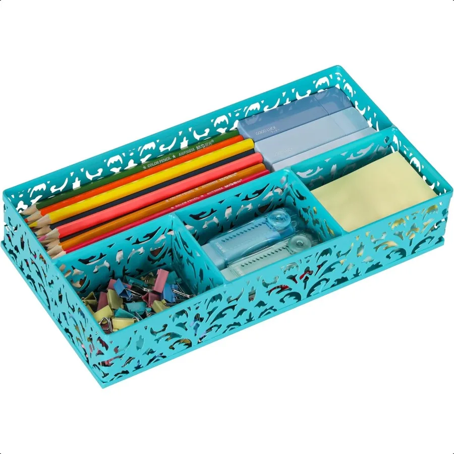 

EasyPAG Desk Drawer Organizer with 4 Compartments Carved Hollow Floral Metal Tray for Office Jewelry Cosmetics No Assembly Dark