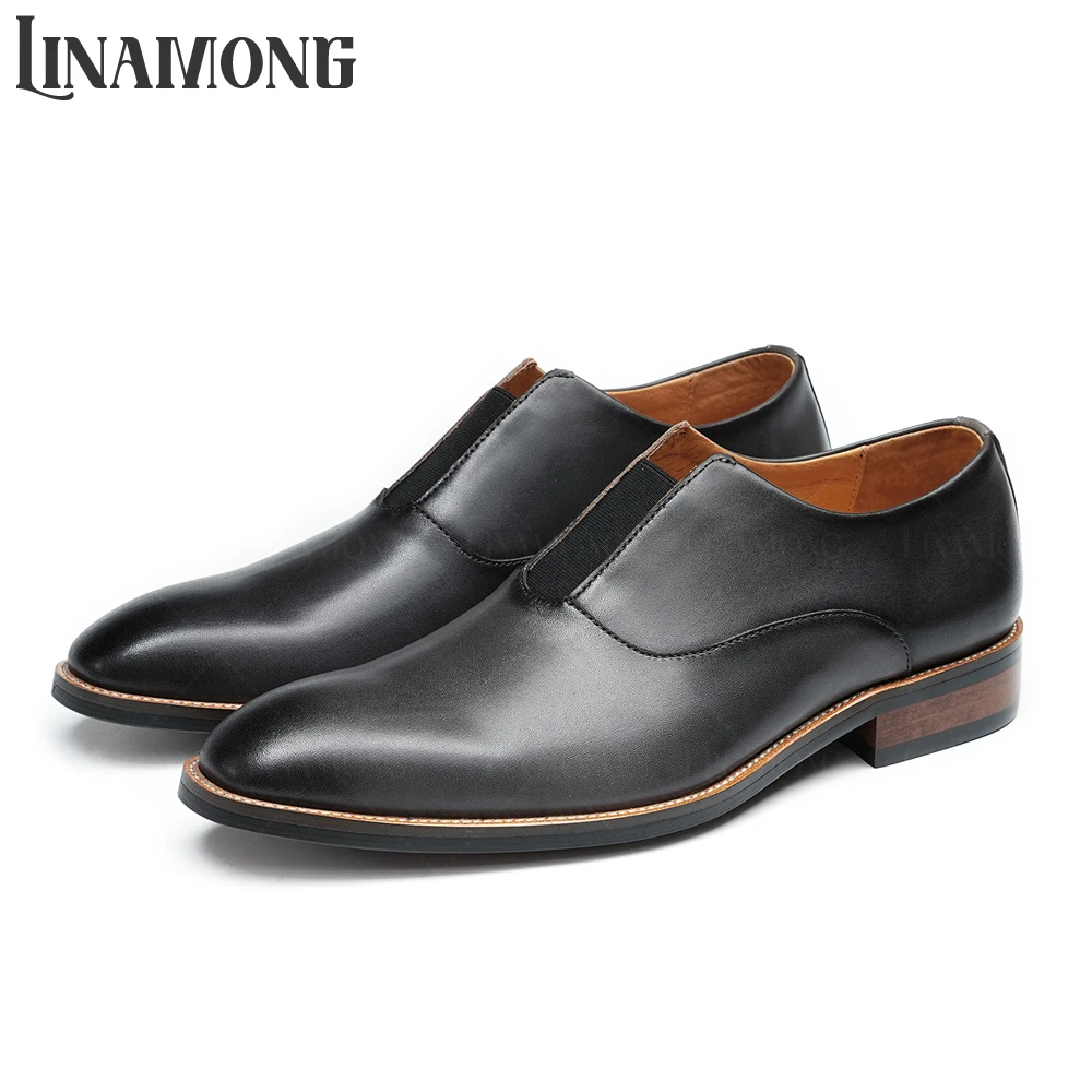 اللوز تو مصقول أحذية جلدية بدون كعب جلد طبيعي النمط البريطاني الأعمال فستان أحذية أنيقة الانزلاق على مأدبة أحذية جلدية للرجال #2