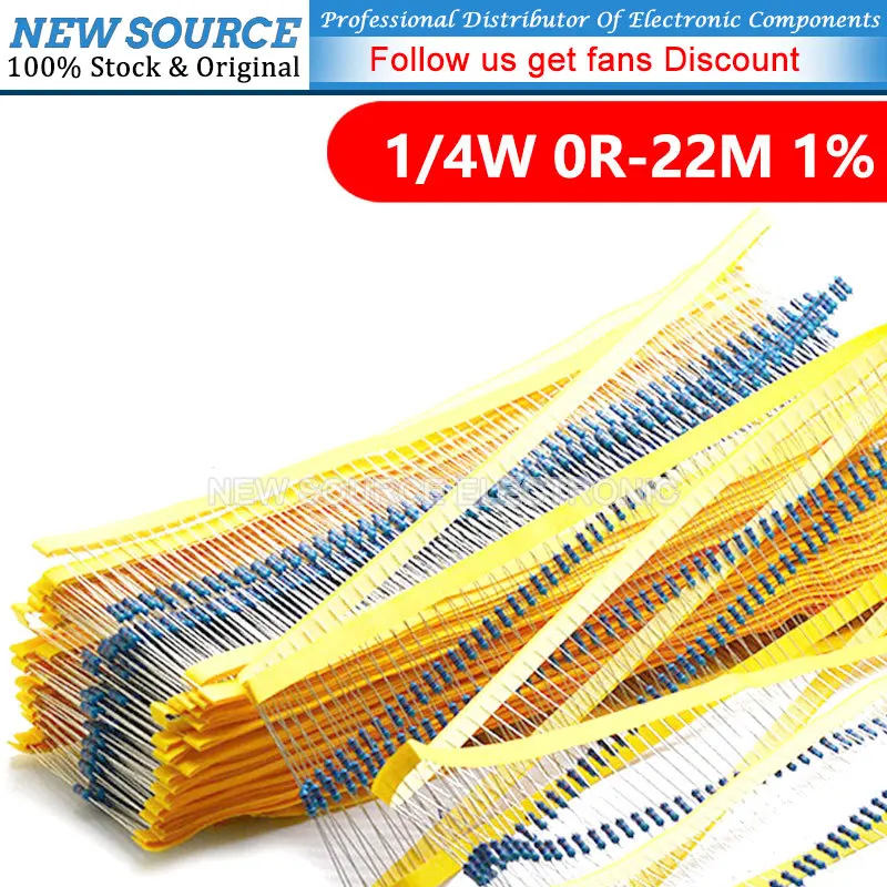 100szt 1/4W 0R-22M 1% Rezystor z folii metalowej 0.25W 0 2.2 10 100 150 220 270 330 470 1K 2.2K 4.7K 10K 47K 100K 470K 1M 10M 20M Ohm