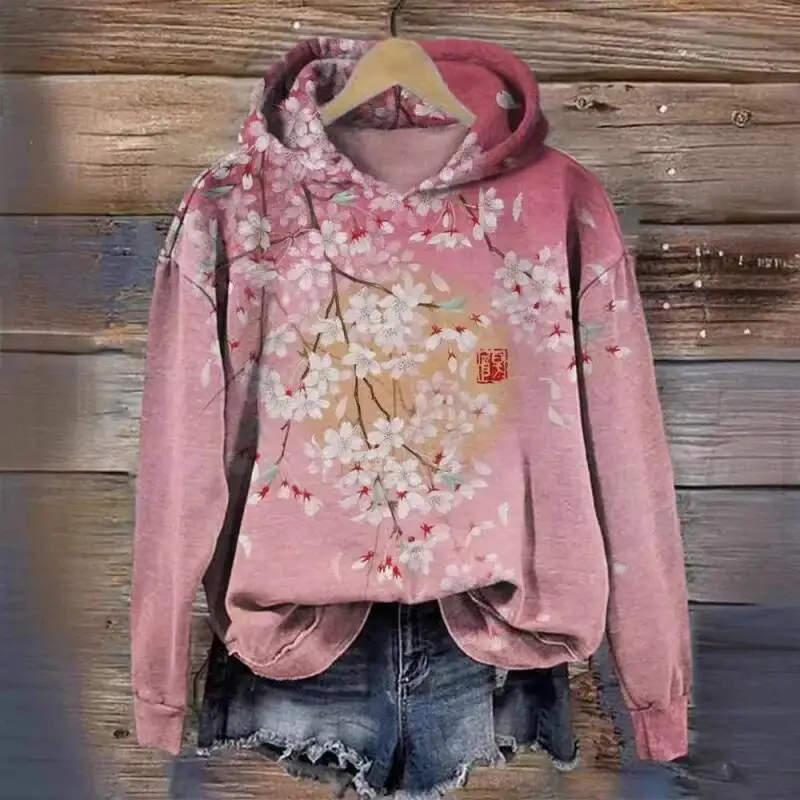 Japanse etnische trendy stijl kersenbloesem kunstprint losse pasvorm herfst winter