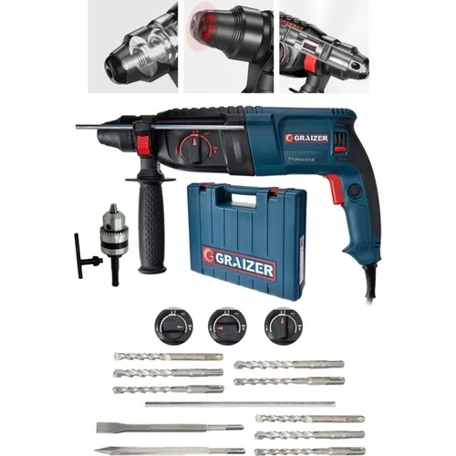 Graizer German 3000 Watt Hammer Hammer Hilti Drill Metal Geared + + 10 Pieces Bit + + Spare Chuck