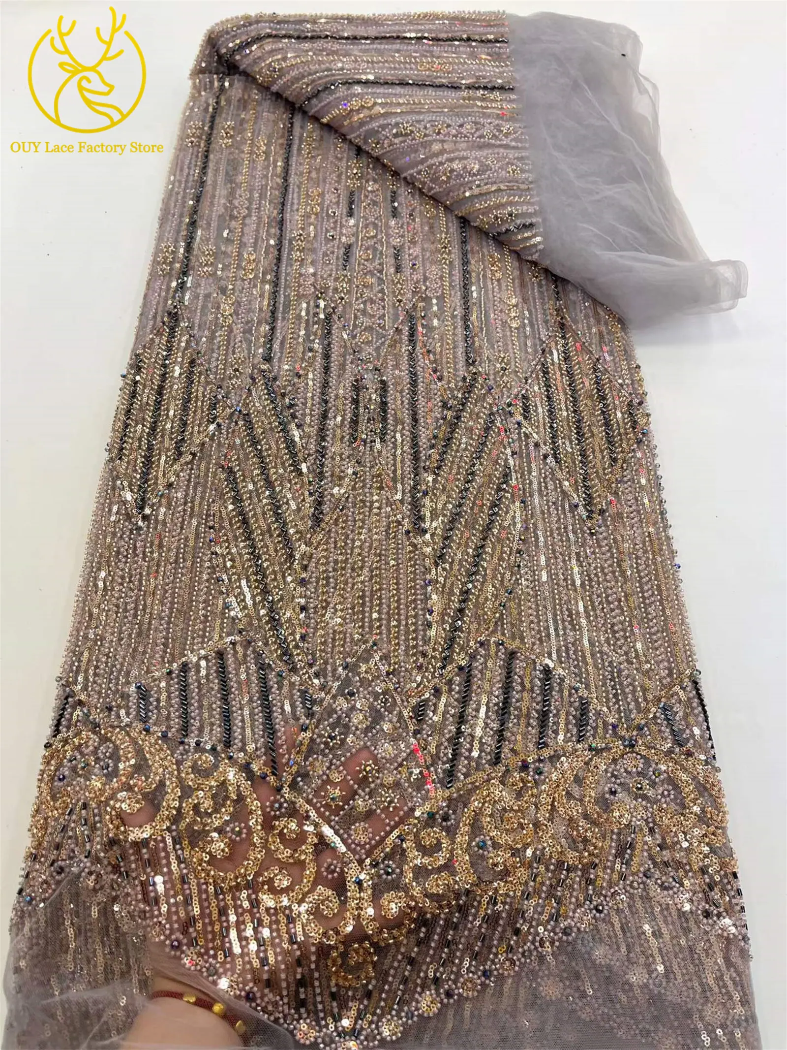 Hochwertiger, luxuriöser nigerianischer Perlen-Pailletten-Spitzenstoff im neuen Stil, weinroter afrikanischer Spitzenstoff, französische Spitze für Damen-Partykleider – Detail 11