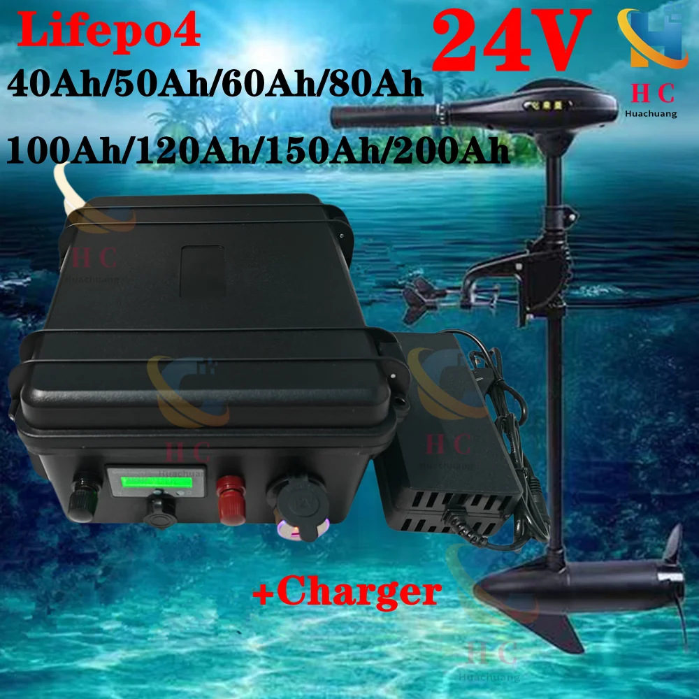 waterproof 80Ah 24v 100ah lifepo4 battery 60Ah 150Ah 24V 50ah lithium for Trolling Motor Fishing Inflatable Boat camping EV