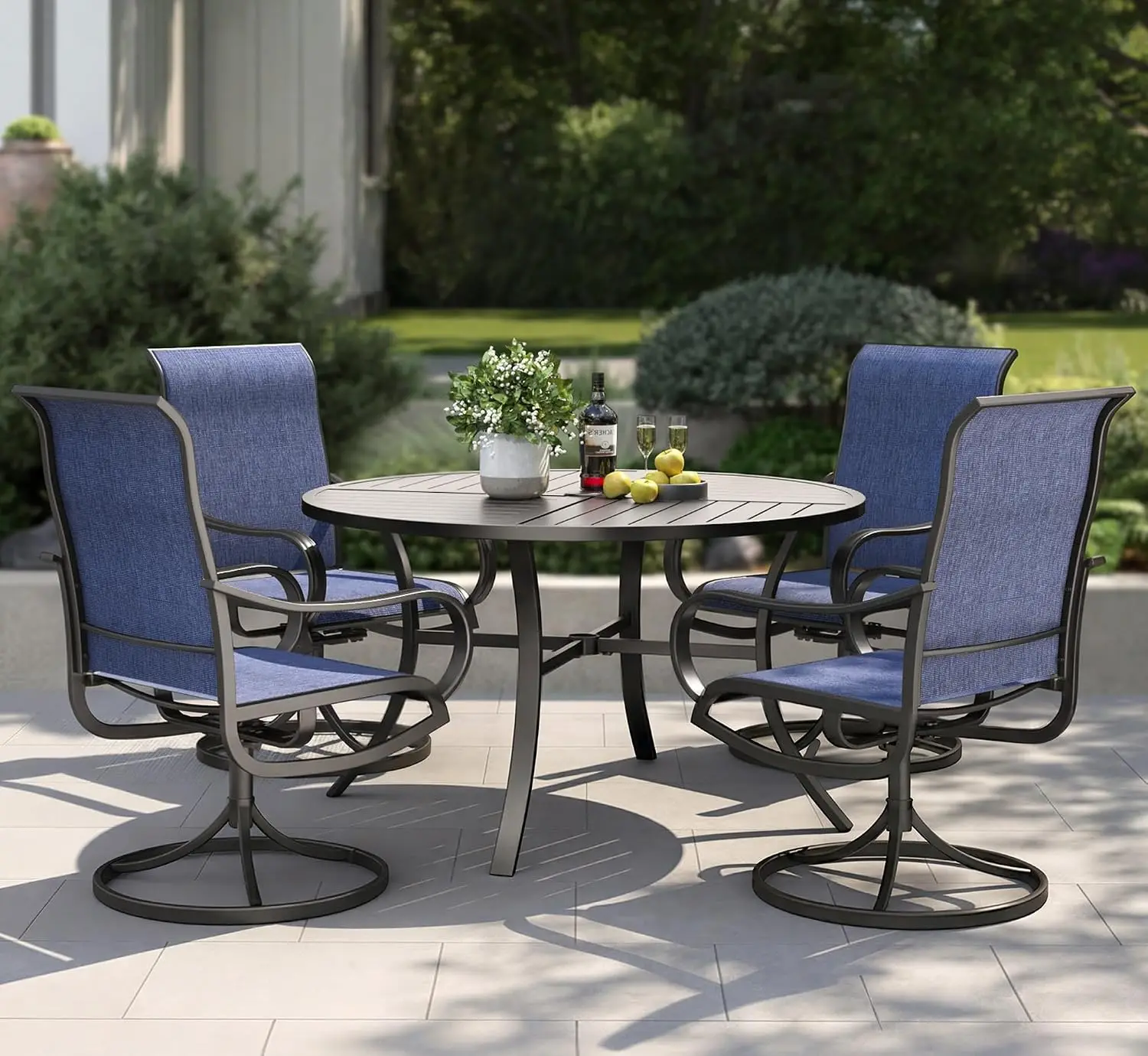 Five Piece Outdoor Patio Dining Furniture Set Four Swivel Mesh Chairs One Round Metal Table With Umbrella Hole Weather Resistant Deck Bistro Dining Set Black Blue