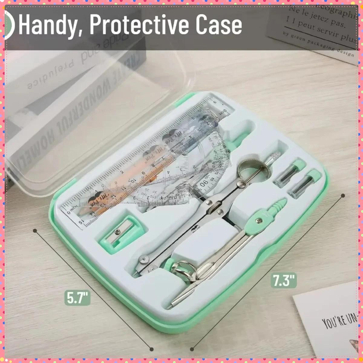 مجموعة هندسية مقاومة للكسر: مجموعة مكونة من 13 قطعة باللون الأخضر النعناعي مع بوصلة دقيقة للرياضيات. مثالية للطلاب