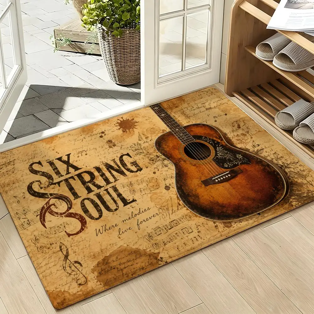 Vintage Rock Guitar Music Retro Graphic Artwork Floor Mat Soft Flannel Non Slip Absorbent Entryway Bathroom Bedroom Garage