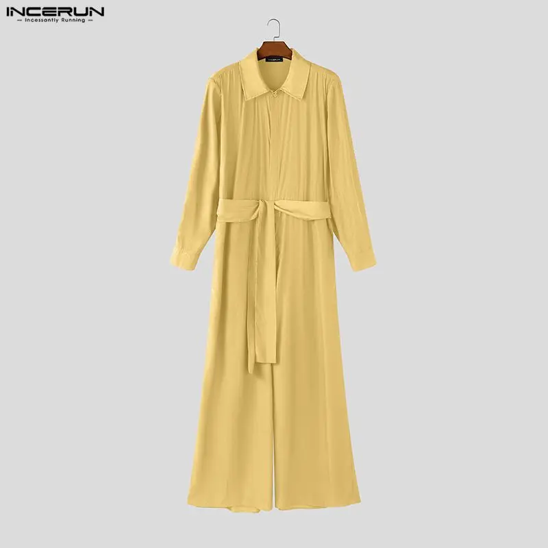

INCERUN Men Jumpsuits Solid Lapel Long Sleeve Zipper Casual Male Rompers With Belt Streetwear Loose 2026 Fashion Overalls Men