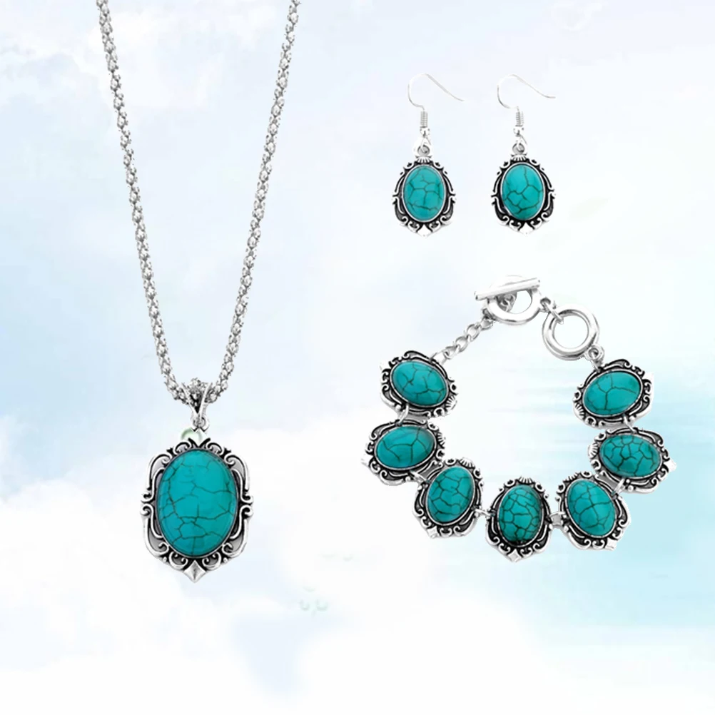 

Turquoise Necklace Set National Wind Bracelet Earrings Retro Ethnic Style Jewelry