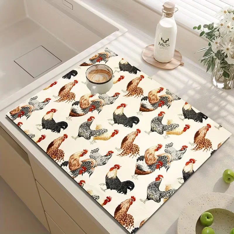 Kreative und exquisite Küchen-Abtropfmatte mit Hahnenmotiv, Isoliermatte für Kaffeemaschinen, elegante und schöne Tischunterlage für die Arbeitsplatte