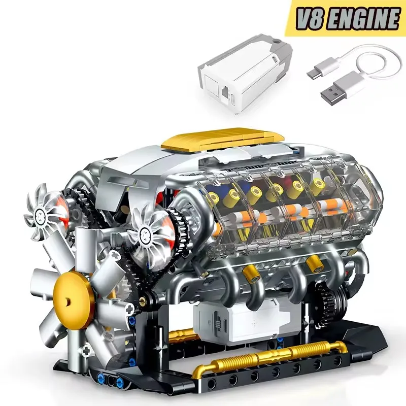 v8エンジン組み立てブロック技術機械電気シミュレーションカーエンジンmocブリック科学教育玩具子供大人向けギフト